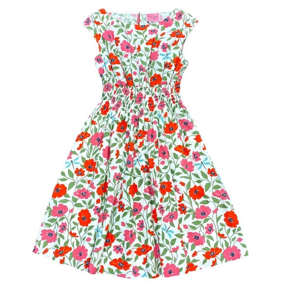 kate spade Garden blooms Blaire dress, Cream Floral Smocked Waist Pockets Cotton - Picture 4 of 7